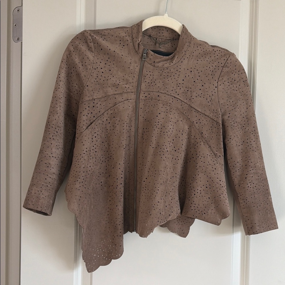BCBG Brown Faux Suede Women's Asymmetrical Jacket in excellent condition!